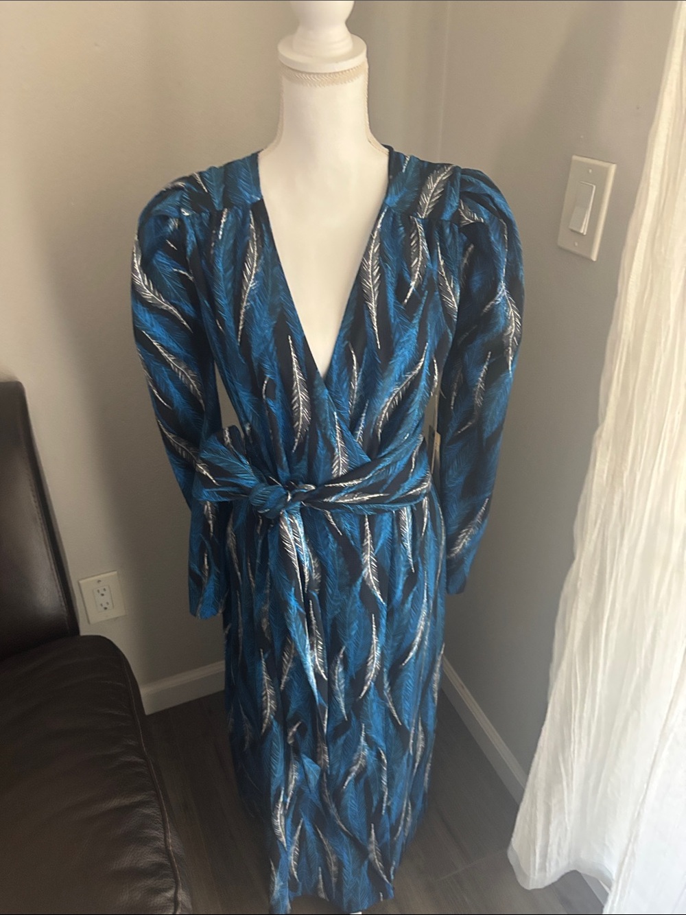 Blue Printed Wrap Maxi Dress with Self-Tie Waist